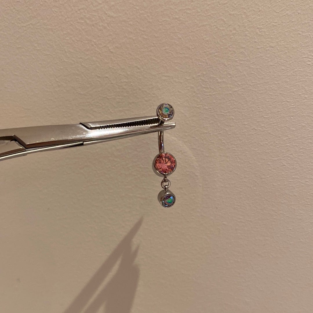 Industrial Strength Threaded Titanium Salmon Pink + Paradise Shine Bezel Navel Curve with 1 Dangle