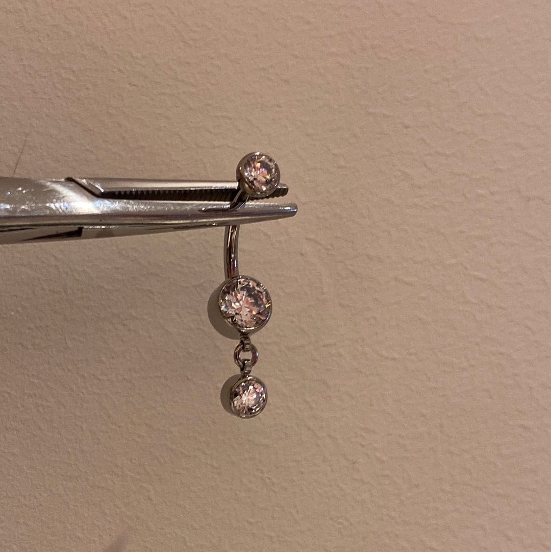 Industrial Strength Threaded Titanium Clear CZ Bezel Navel Curve with 1 Dangle