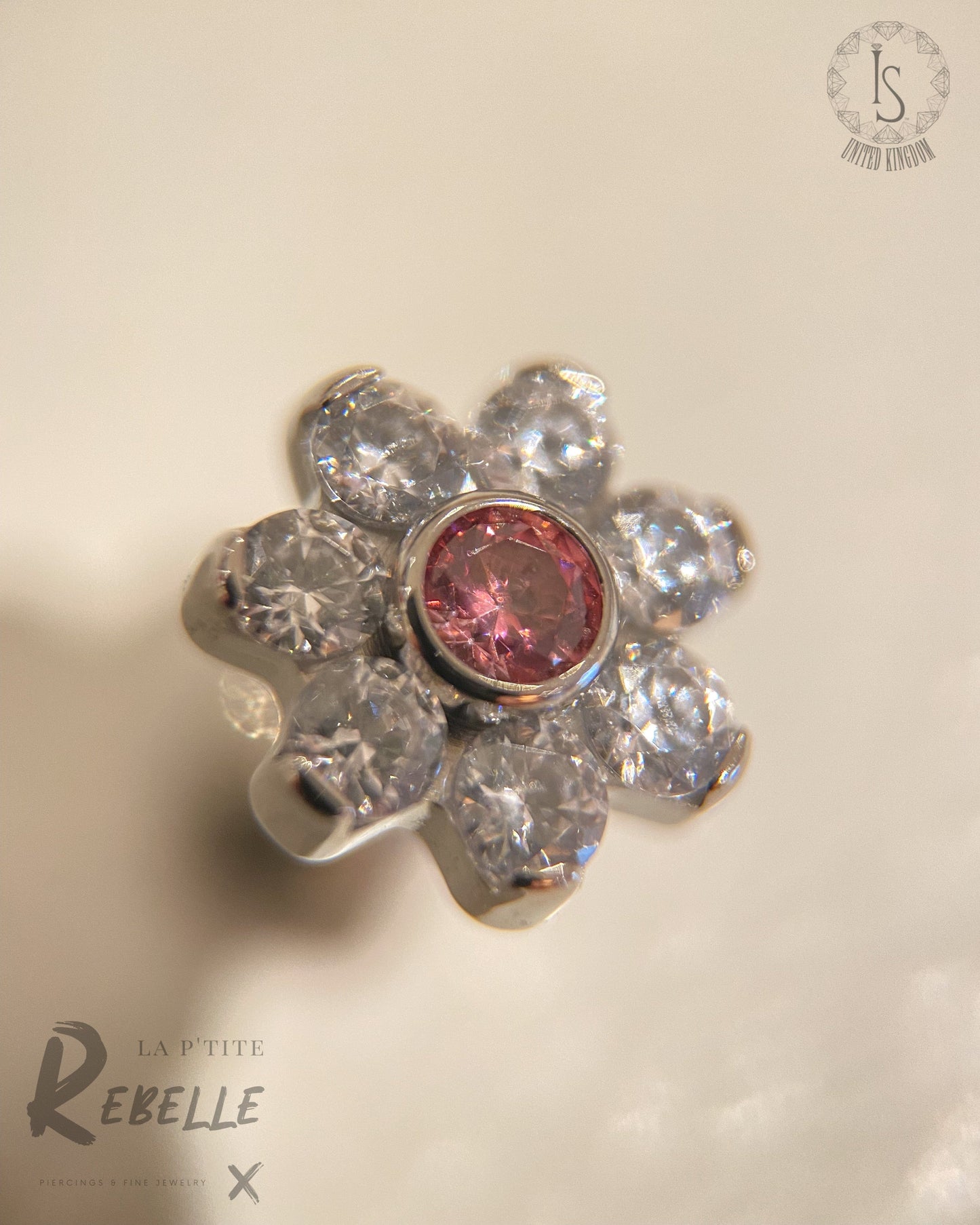 Industrial Strength Threadless Titanium Clear CZ + Pink Flower #2